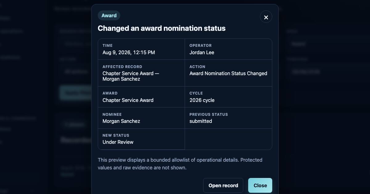 Activity review dialog showing an award nomination status change and the operator who made it