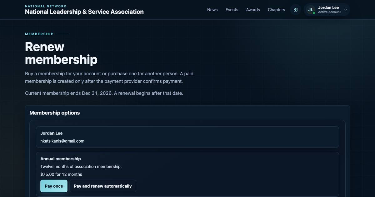 Paid membership page offering one payment or automatic annual renewal