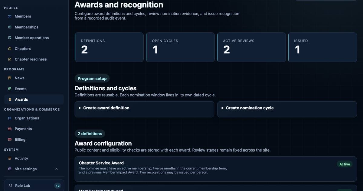 Awards administration showing definition, cycle, review, and recognition counts