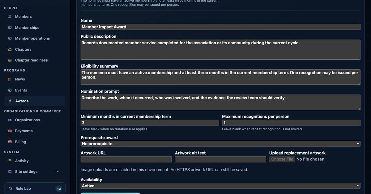 Award definition editor showing content, eligibility, artwork, and availability fields