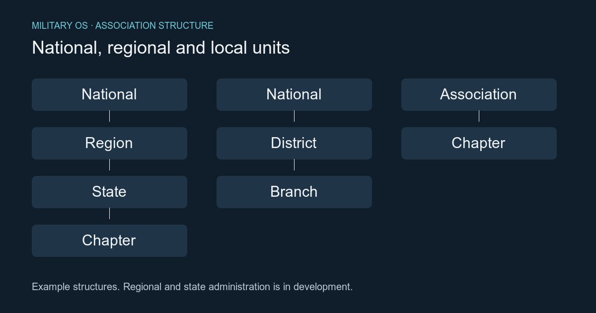 Diagram of National to Region to State to Chapter, National to District to Branch, and Association to Chapter example structures