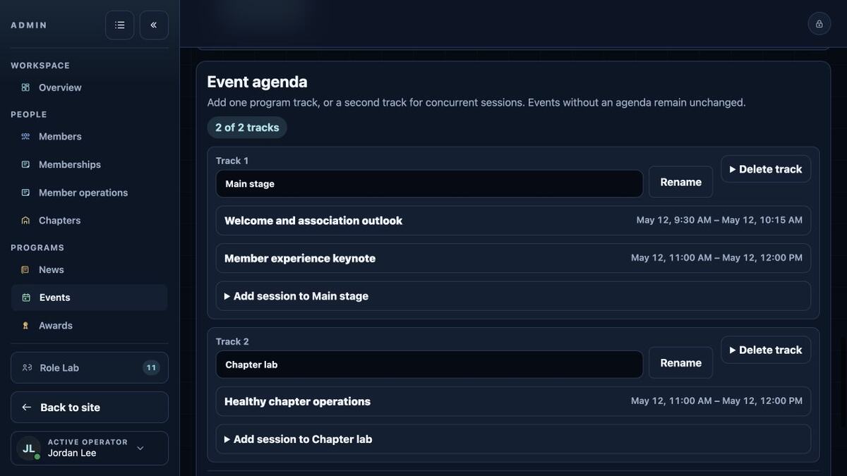 Military OS event administration showing two tracks and their sessions