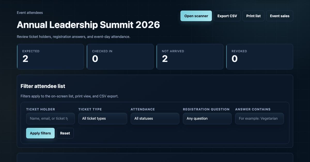 Event attendee page showing arrival totals, filters, scanner, print, and CSV controls