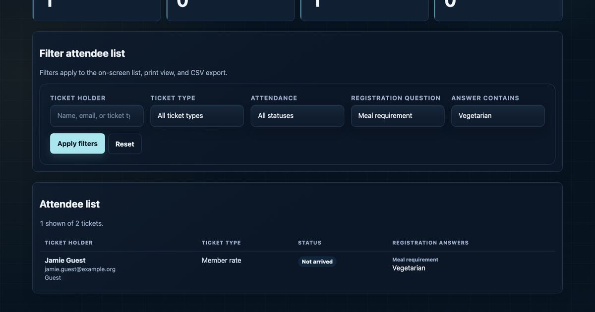 Event attendee list filtered to tickets with a vegetarian meal answer