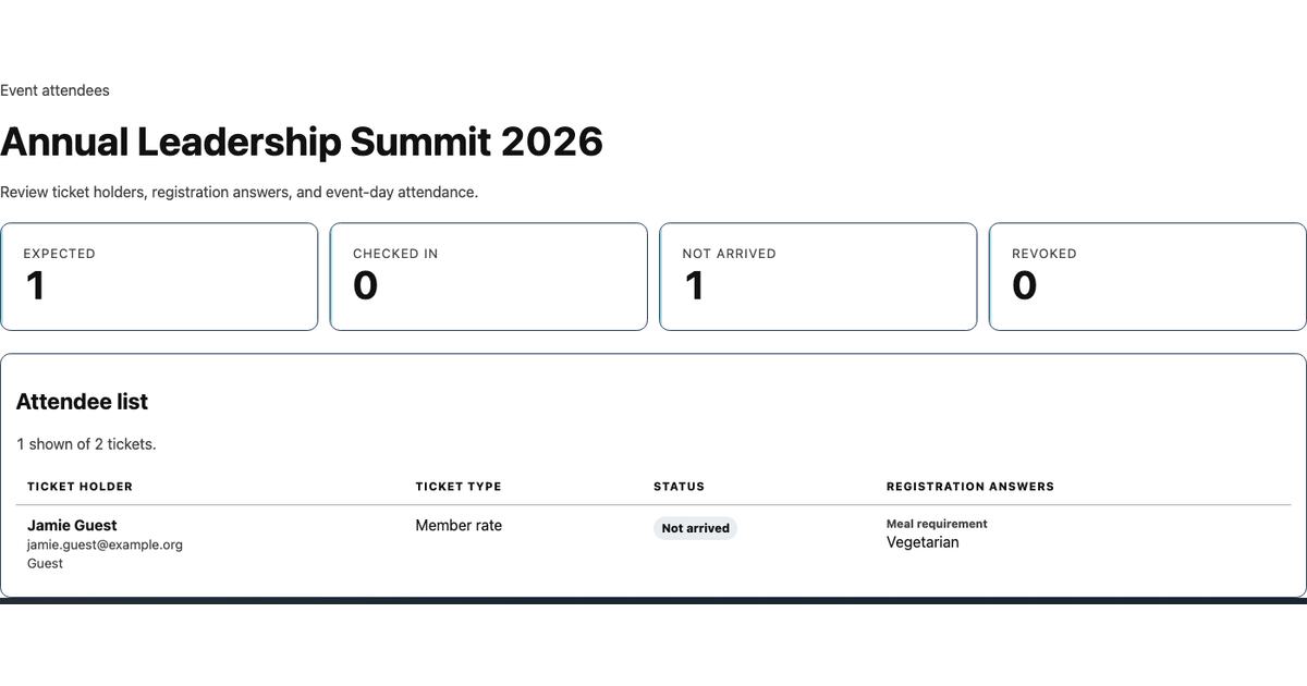 Printable event attendee list showing one filtered ticket holder