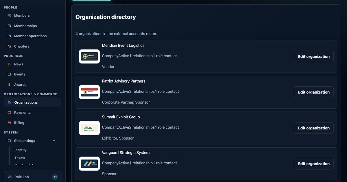 Military OS organization directory with sponsor and exhibitor relationships
