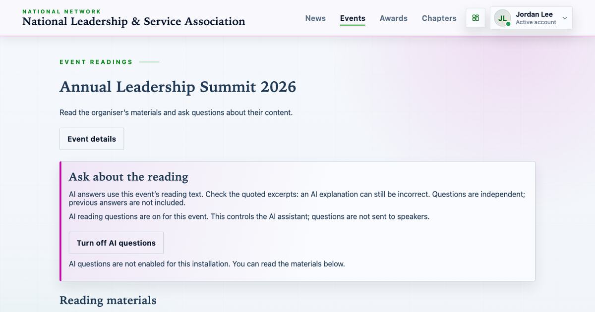 Event reading page showing the organiser's AI question control and a notice that AI is not enabled for the installation
