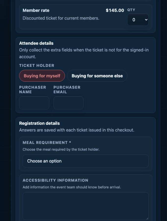 Event checkout showing meal and accessibility questions below the attendee details