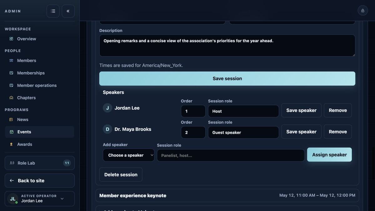 Military OS session administration showing ordered speakers and session roles