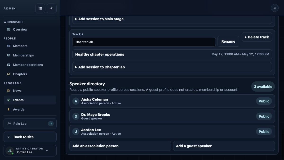 Military OS speaker directory showing association people and a guest speaker