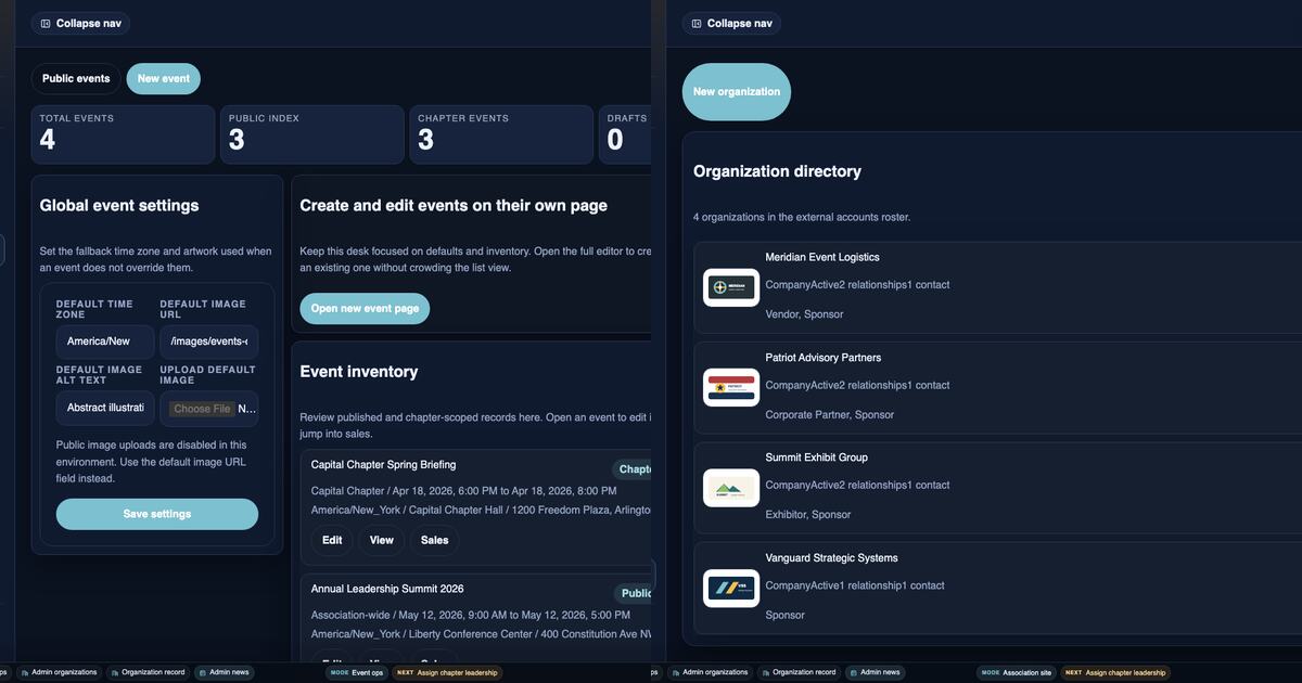 Military OS event and organization administration screens