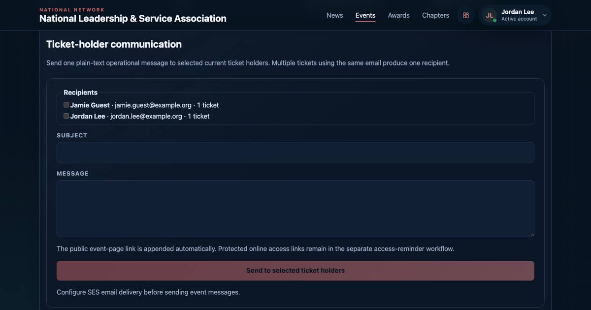 Event administration page with ticket-holder recipients and message fields