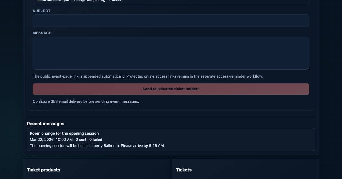 Event administration page showing a sent message and delivery totals