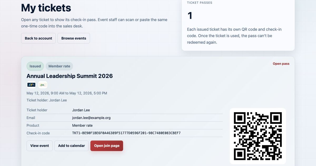 Member ticket page showing an issued event pass and its QR code