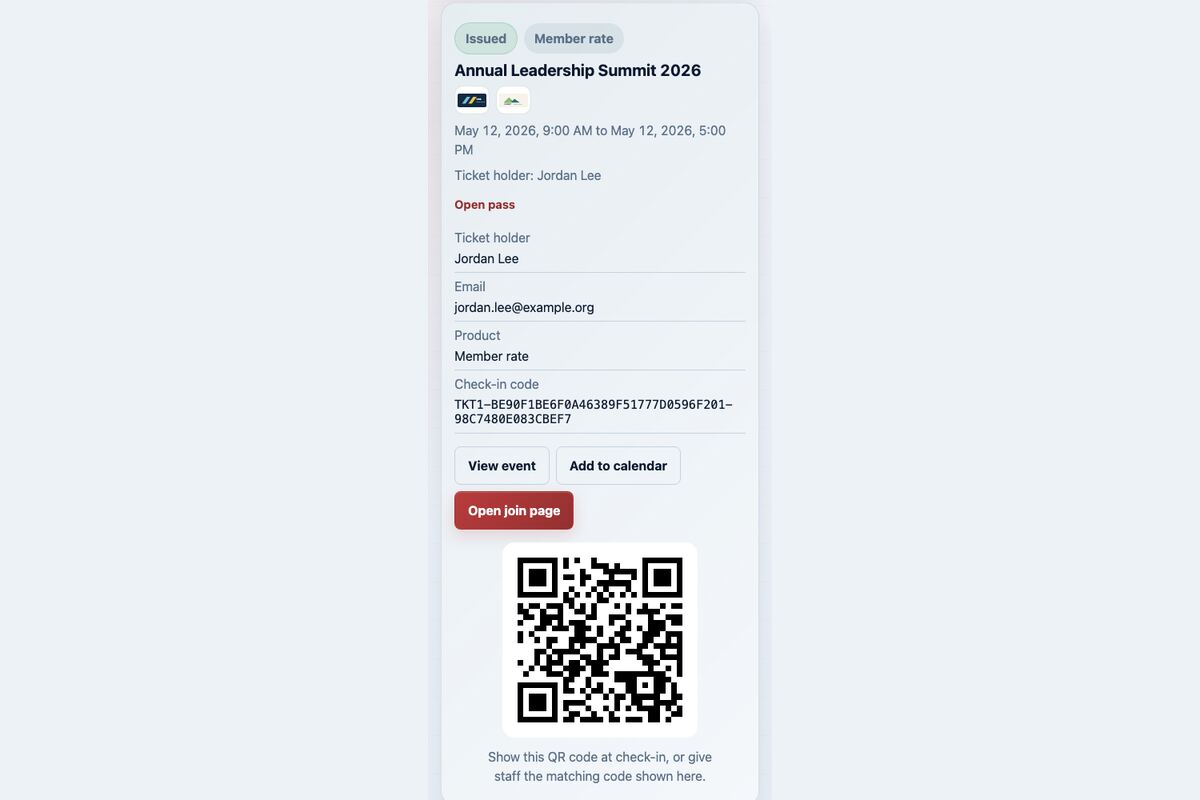 Mobile issued ticket pass showing its QR code and check-in code