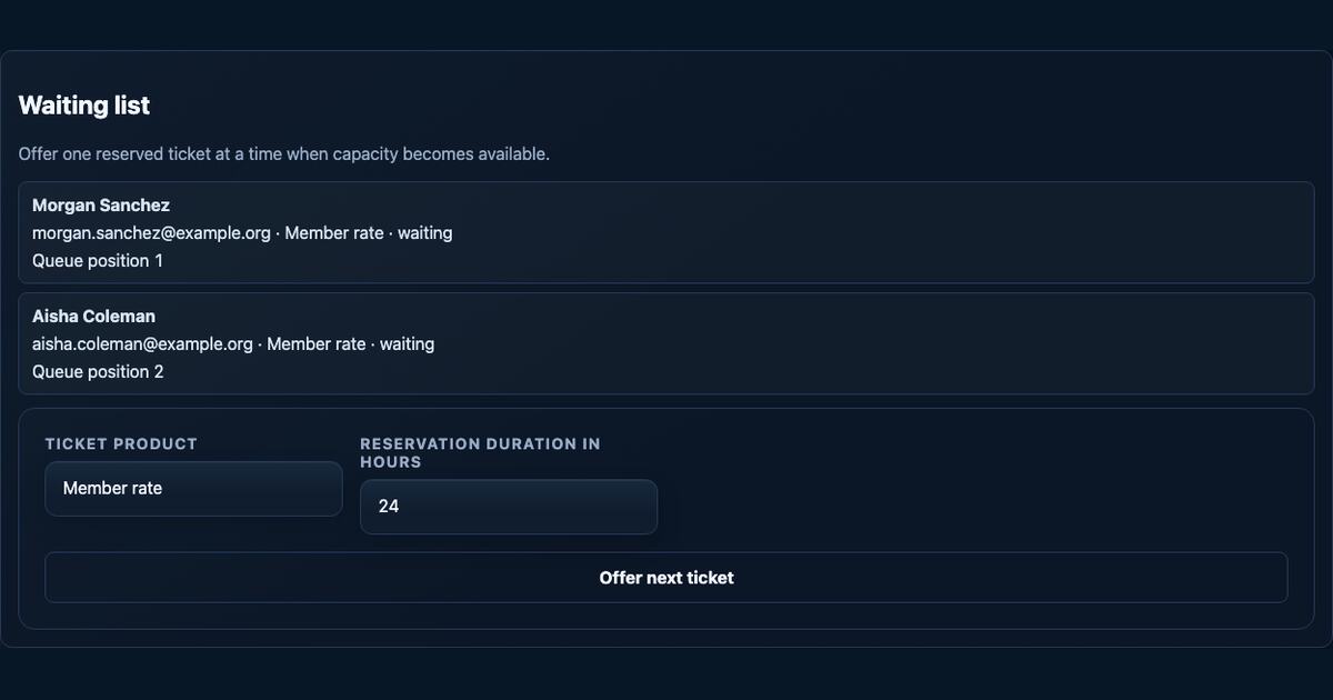 Event waiting list showing two people in queue order and a timed ticket offer control