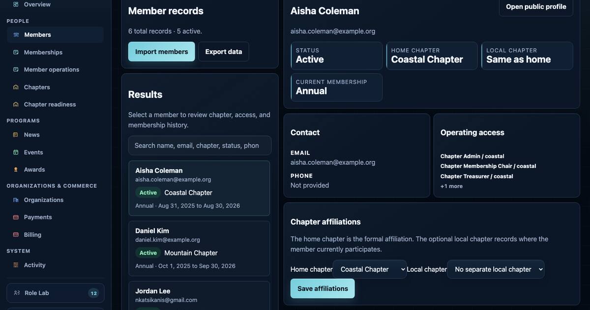 Member administration showing home chapter, local chapter, access, and membership history