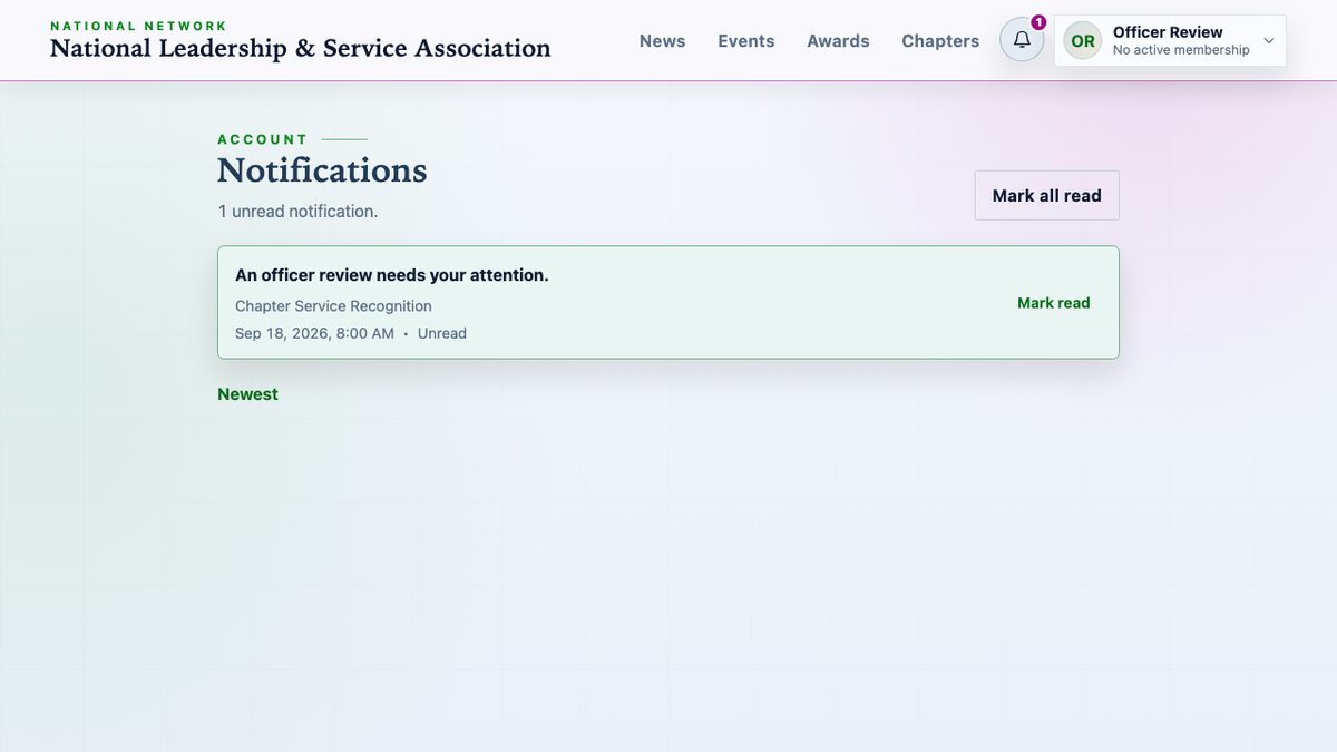 Demonstration officer inbox showing one unread Chapter Service Recognition review notification and the header bell
