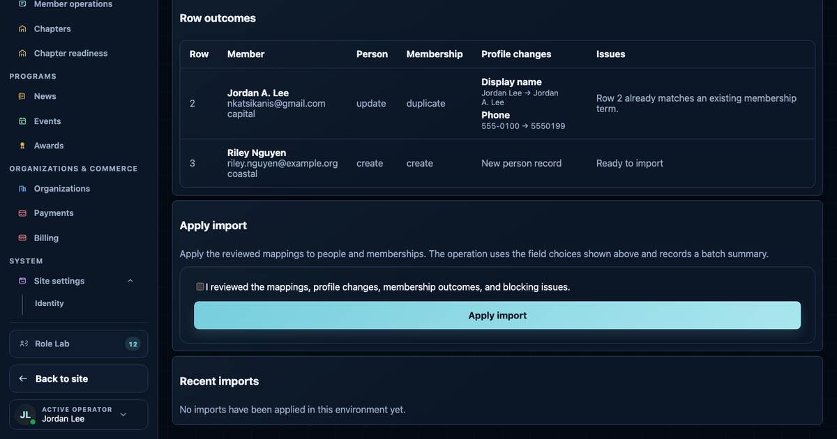 Military OS member CSV import row outcomes and approval control