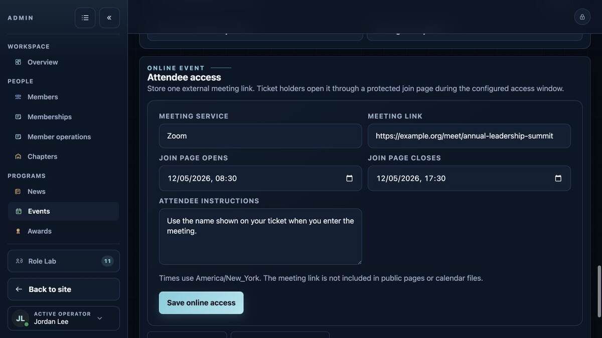 Military OS online event administration with meeting link and access window settings