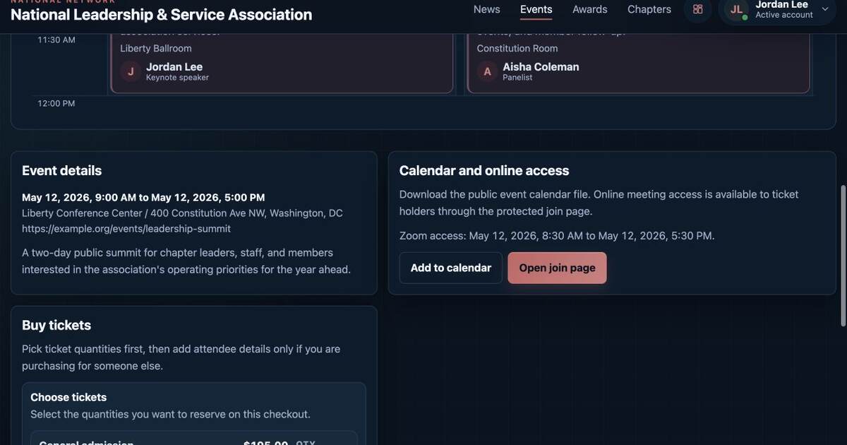 Military OS event page with calendar download and protected online access