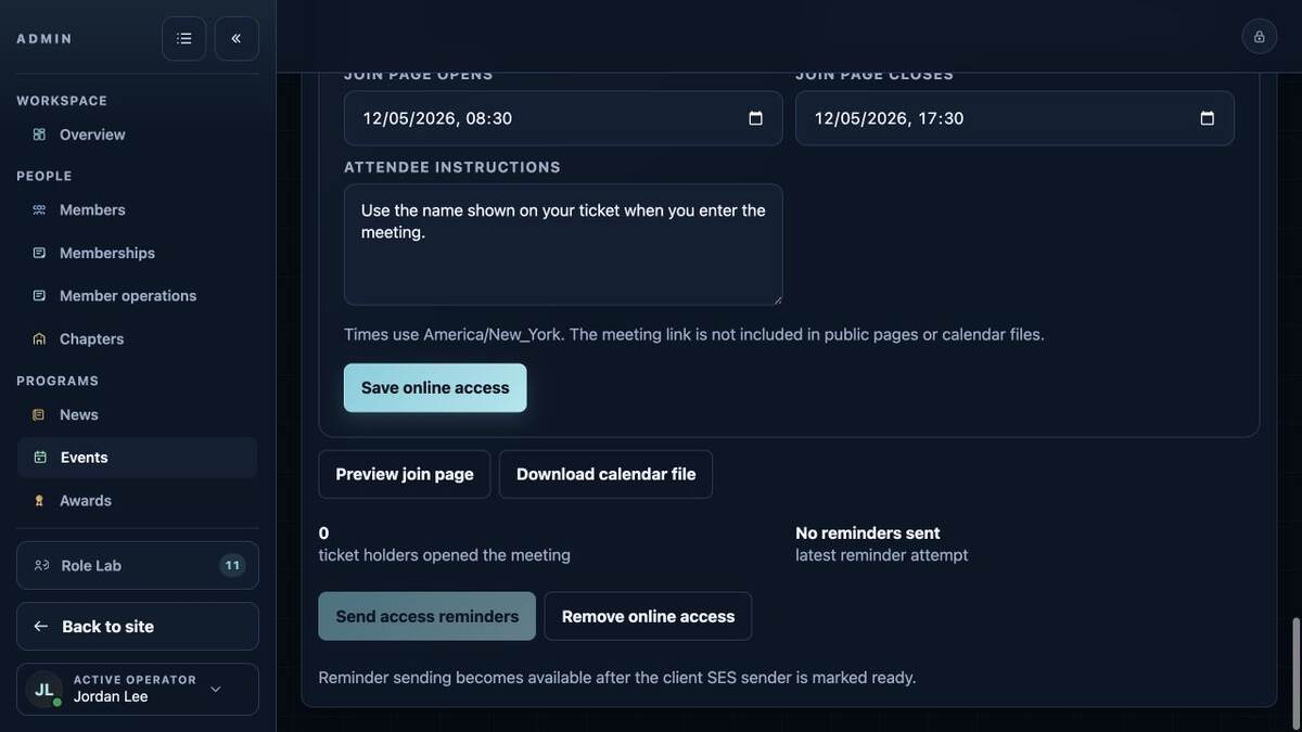 Military OS online event administration with calendar, reminder, and attendance controls