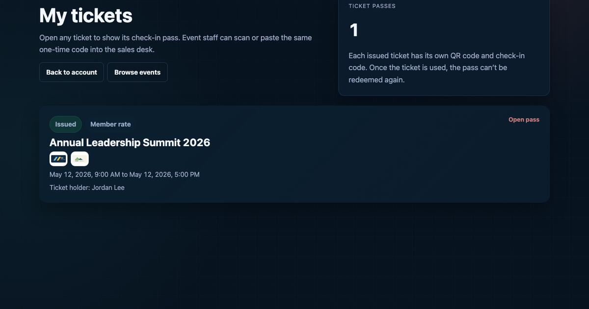 Member ticket page showing issued event tickets