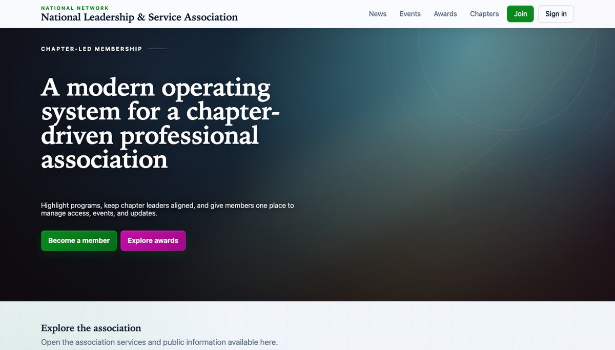 Association family with a left-aligned hero and rounded buttons