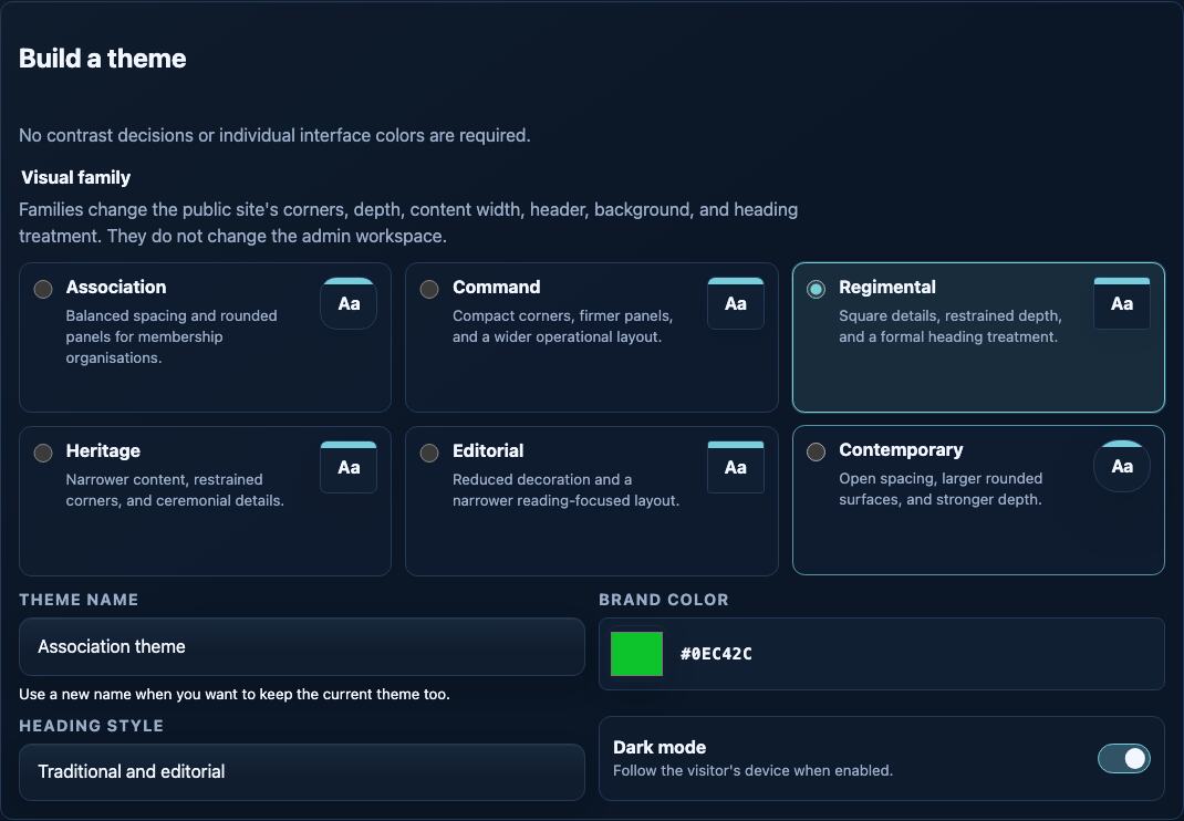 Theme editor with six visual families, a theme name, brand colour, heading style and dark-mode switch